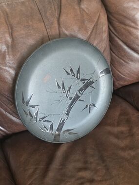 Asian Decorative Plate. Black Plastic Plate with Bamboo Motif. 15 Inch Diameter.